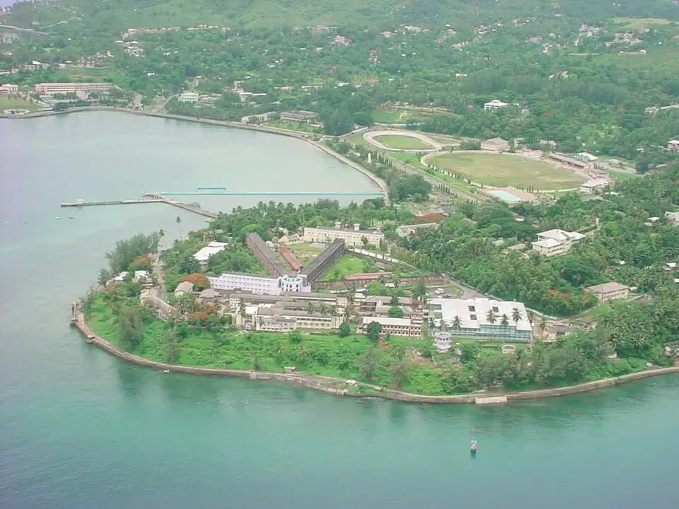 Aerial view of Cellular Jail and the surrounding coastline in Sri Vijaya Puram