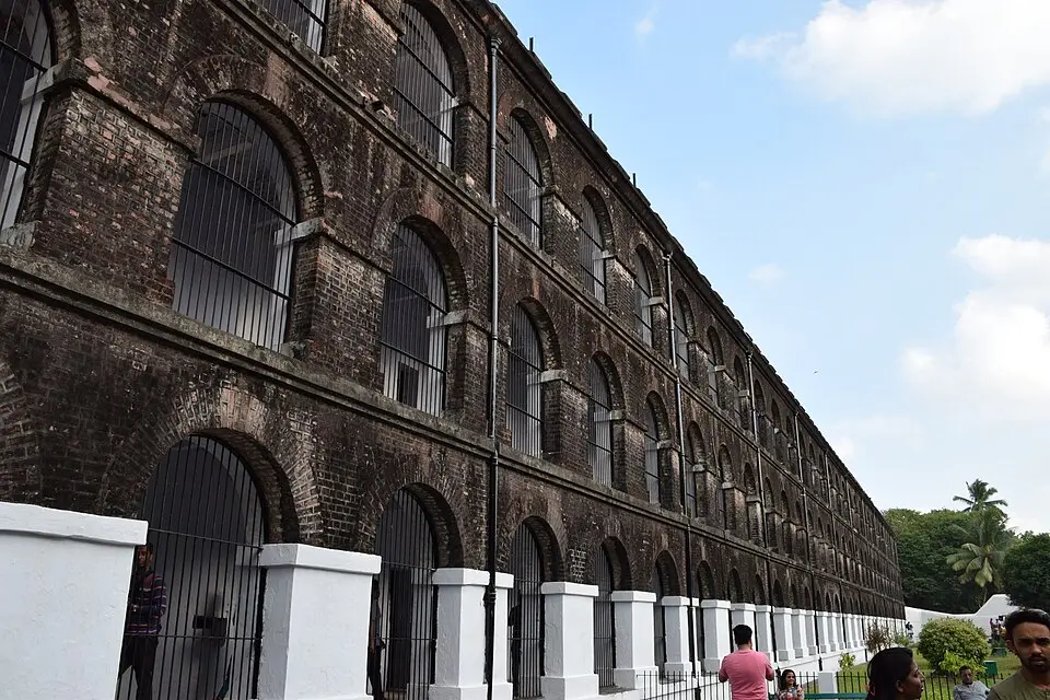 Three-storey cell wing at Cellular Jail with rows of barred openings